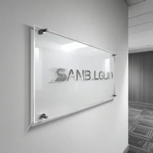 Frosted acrylic wall sign with metal standoff mounting hardware in a modern office corridor