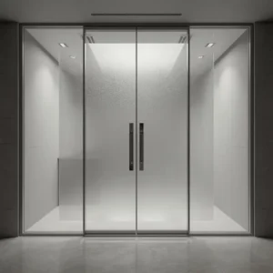Modern glass entry door with sandblasted frosted etching pattern
