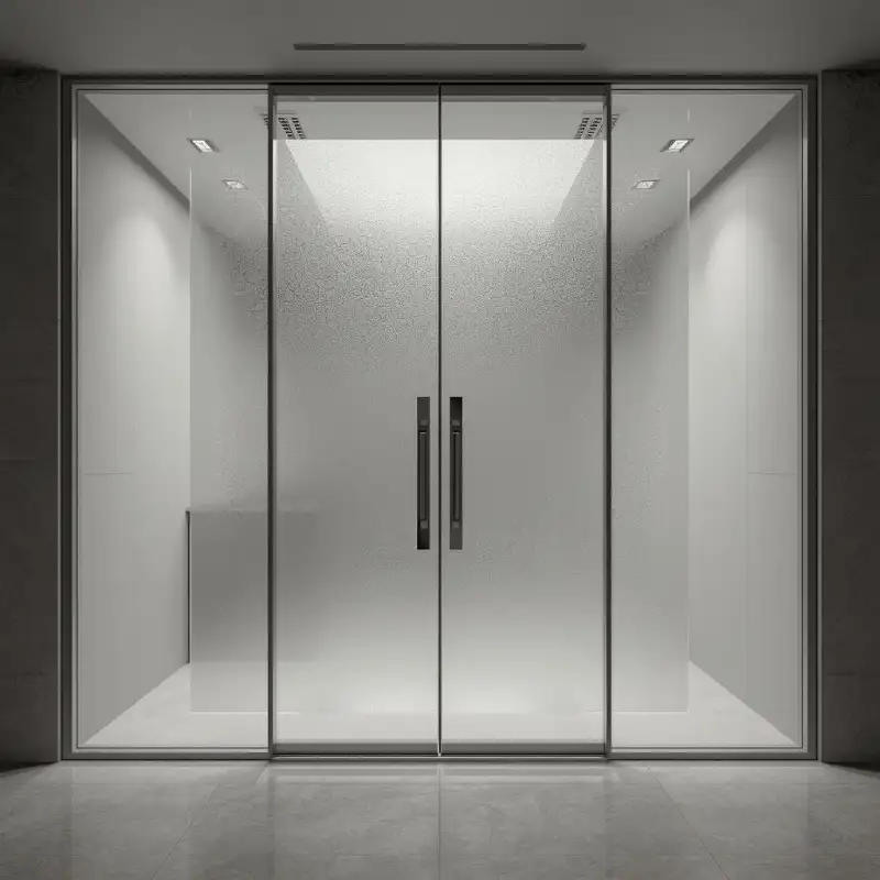 Modern glass entry door with sandblasted frosted etching pattern