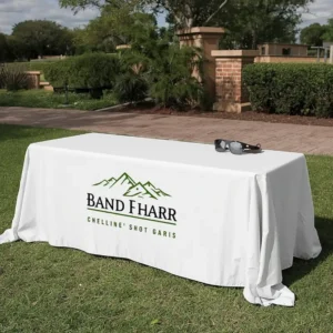 A branded table throw covering a standard 6-foot or 8-foot folding table